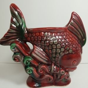Vintage Red & Green Mid Century Fish Lucky Bamboo
